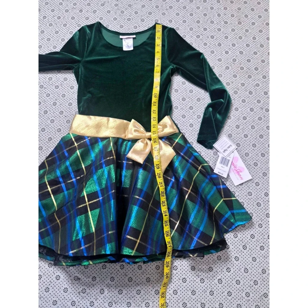 NWT Bonnie Jean Girls Green‎ Velvet Metallic Plaid Holiday Dress Gold Bow Size 8